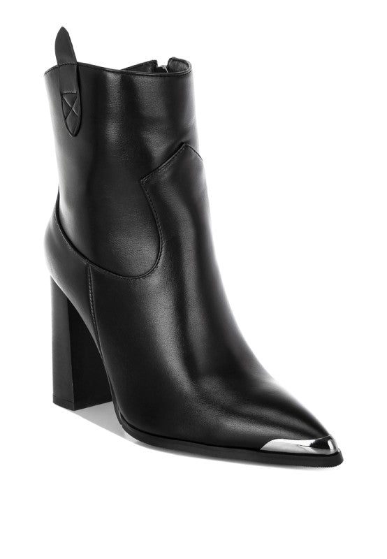 Black leather ankle boot with metallic heel on a white background