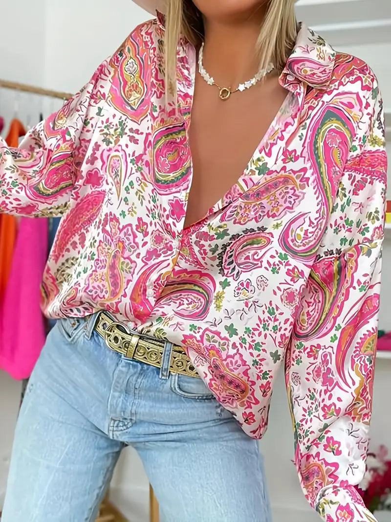 Paisley Print Long Sleeve Button Down Top