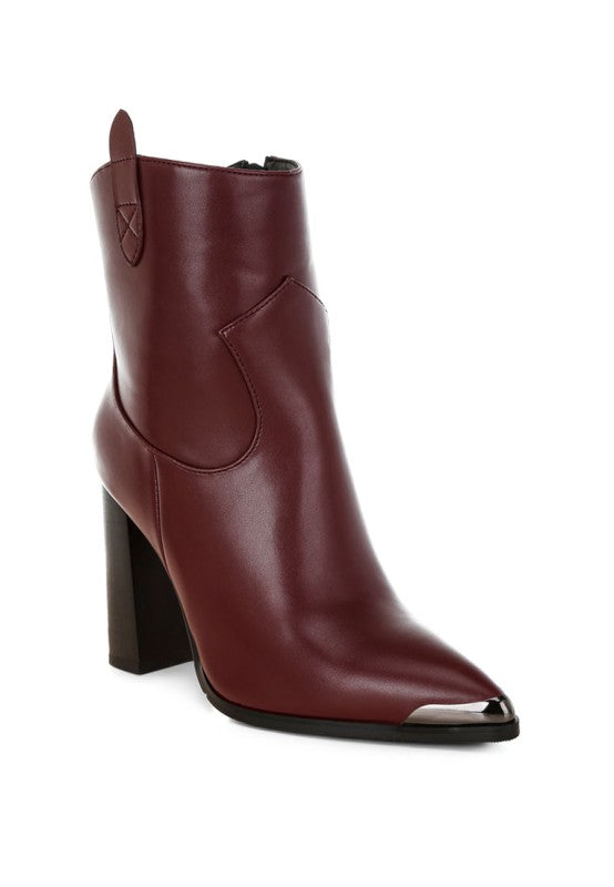 Burgundy ankle boot with a block heel on a white background