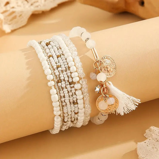 White 6 Set Beaded Bracelets with Tassel Detail 