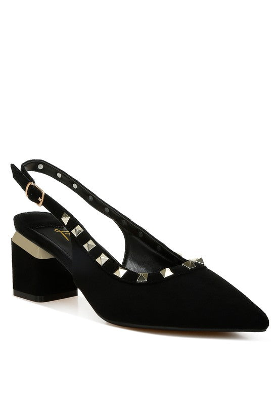 Black suede slingback shoe with studded details on a white background