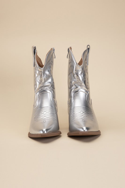 Silver Western Booties Tapered Toe and Block Heel