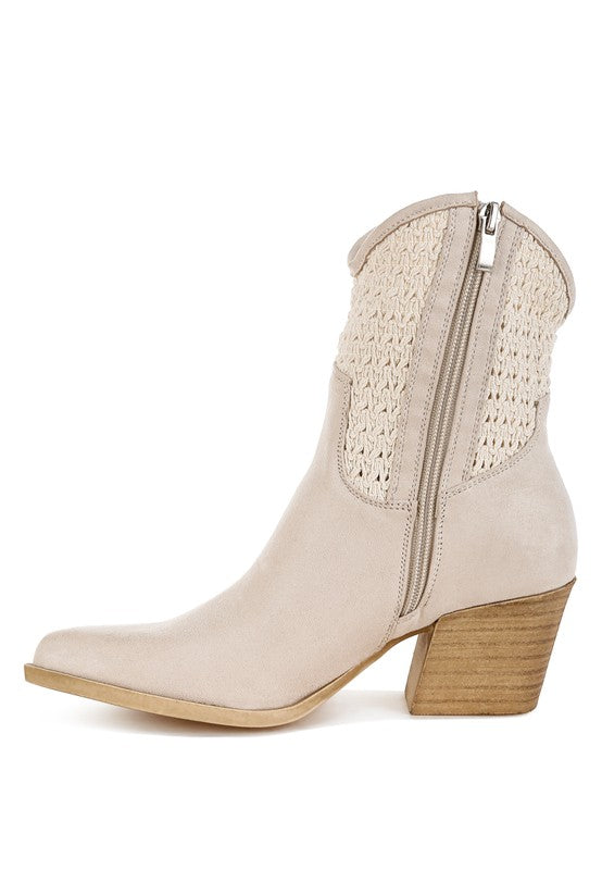 Beige ankle boot with woven detail on a white background