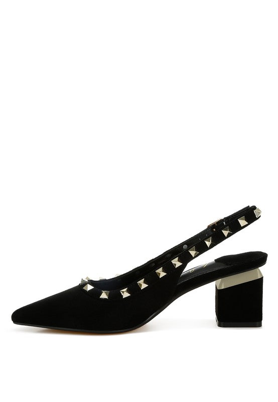 Black suede slingback shoe with studded details on a white background
