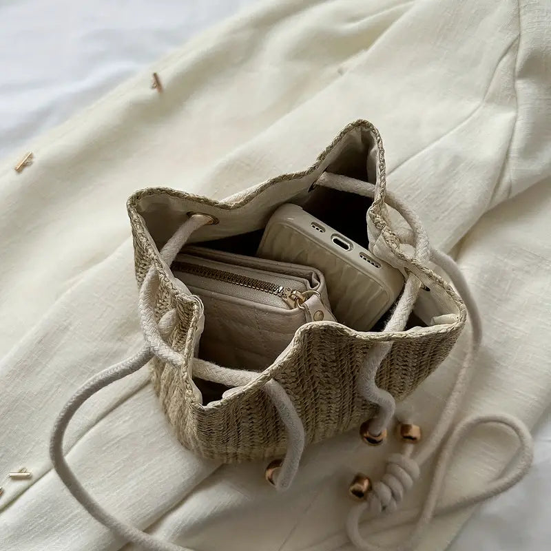 Khaki Woven Straw Crossbody Handbag