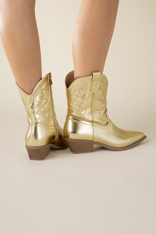 Gold Western Booties Tapered Toe and Block Heel