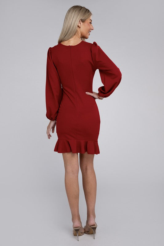 Red Ruched Bodycon Dress with Bishop Sleeves