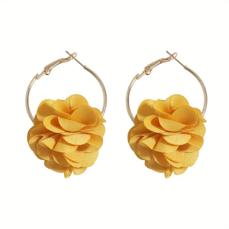 Gold Flower Hoop Earrings with Yellow Flowers 