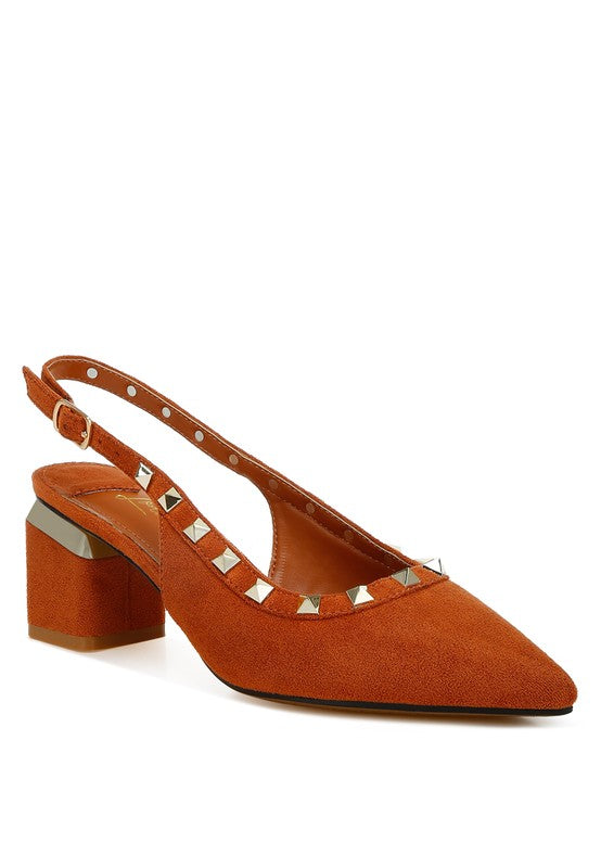 Orange slingback shoe with studded details on a white background