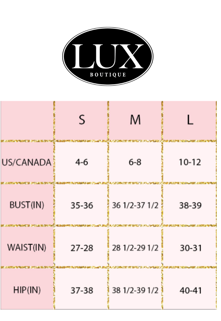 Size chart for LUX Boutique with measurements in inches and US/Canada sizes.