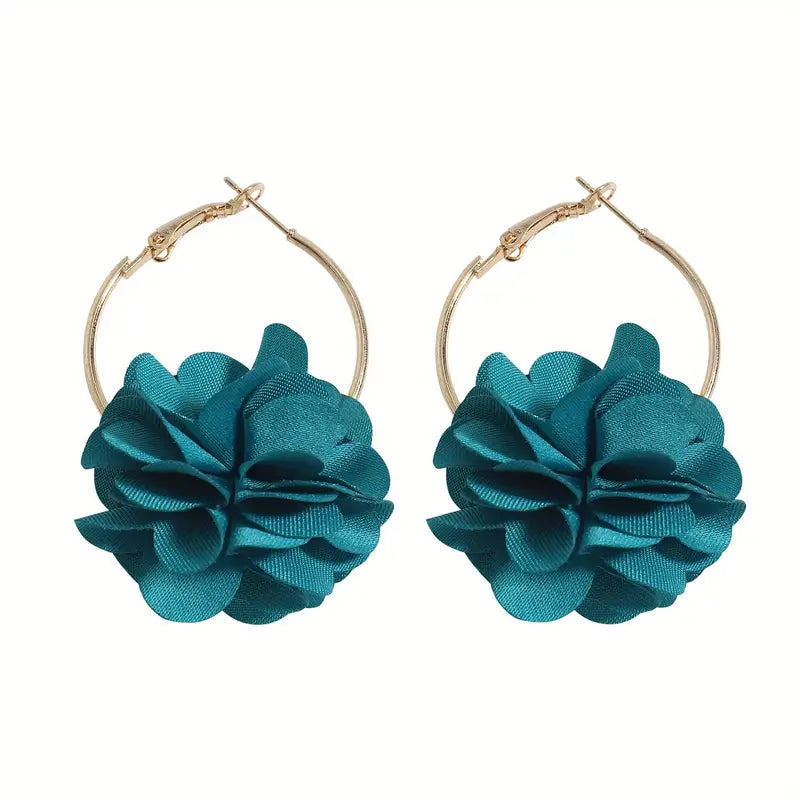 Gold Flower Hoop Earrings with Blue Flowers 