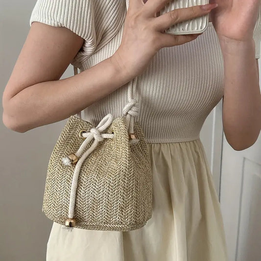 Khaki Woven Straw Crossbody Handbag