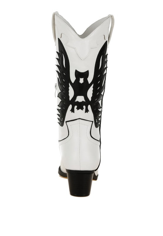White cowboy boot with black wing design on a white background