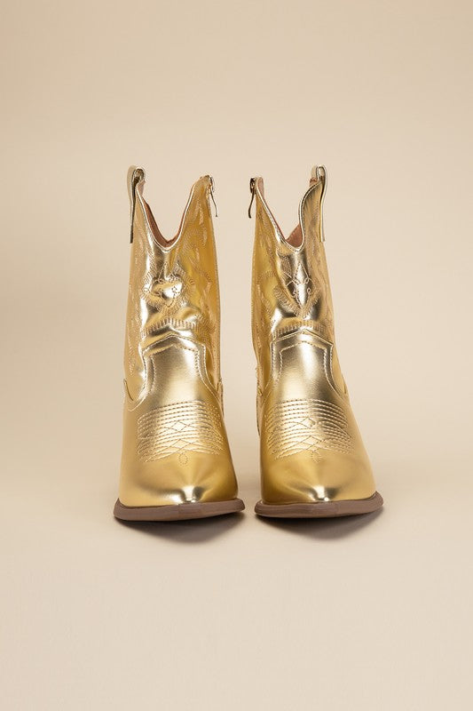 Gold Western Booties Tapered Toe and Block Heel