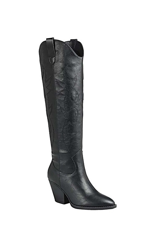 Black Casual Knee High Western Boots