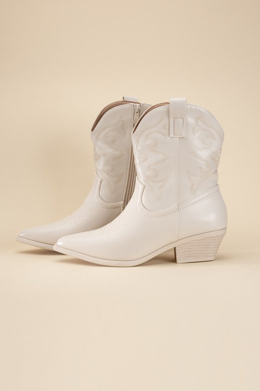 Ivory Western Booties Tapered Toe and Block Heel