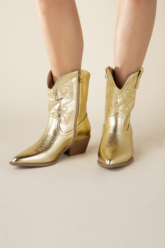 Gold Western Booties Tapered Toe and Block Heel