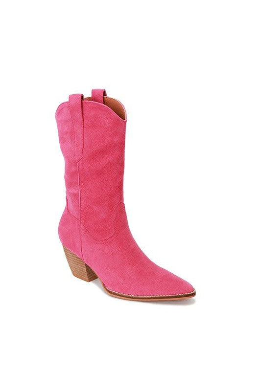 Fuchsia Faux Suede Western Boots with Leather Covered Heel 2.5" in Height