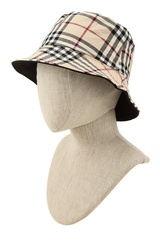 Beige Plaid Check Print Cotton Bucket Hat Reversible Use