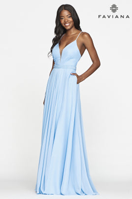 Cloud Blue Chiffon Long Prom Dress With Pockets And Flowy Skirt S10435