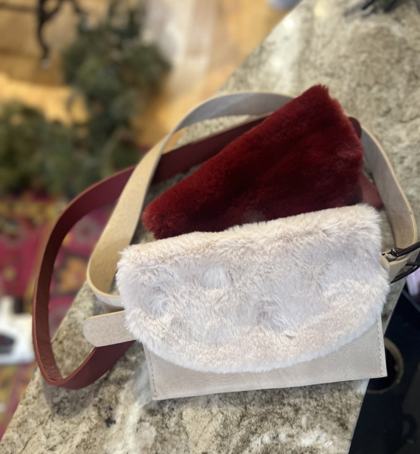 White and Burgandy Faux Fur Belt Bag