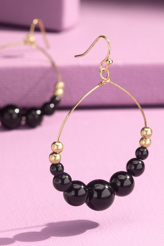 Beaded Hoops Teardrop Round Hoop Shape with Movable Beading Color Black with Gold