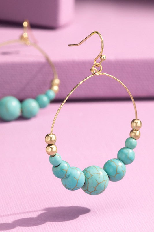 Beaded Hoops Teardrop Round Hoop Shape with Movable Beading Color Turquoise with Gold 