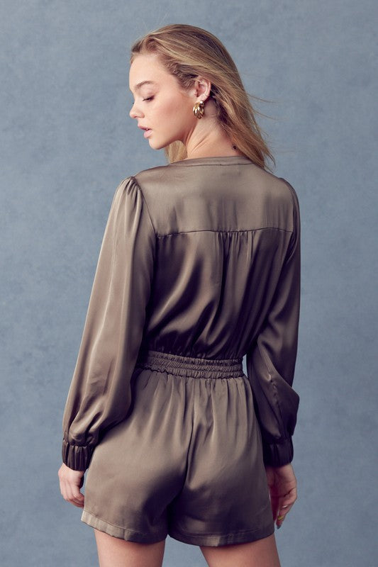 Khaki Long Sleeve Romper Snap Front Closure Adjustable Waistband and Soft Material