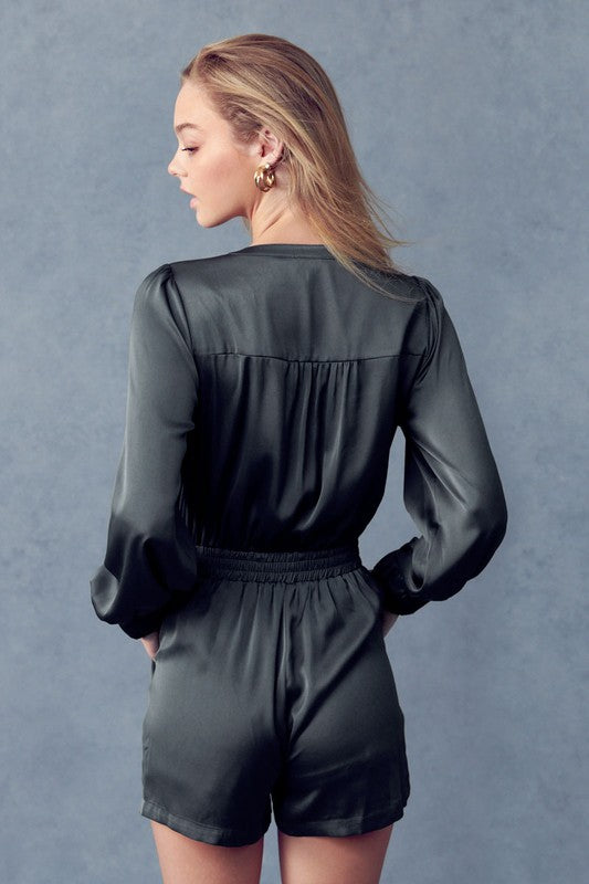 Gunmetal Long Sleeve Romper Snap Front Closure Adjustable Waistband and Soft Material