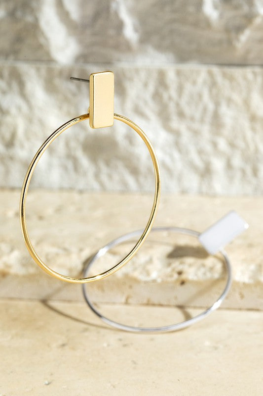 Rectangle Classic Hoops Matte Finish Rectangle at the Top Medium Size Shiny Circular Hoop in Gold and Silver