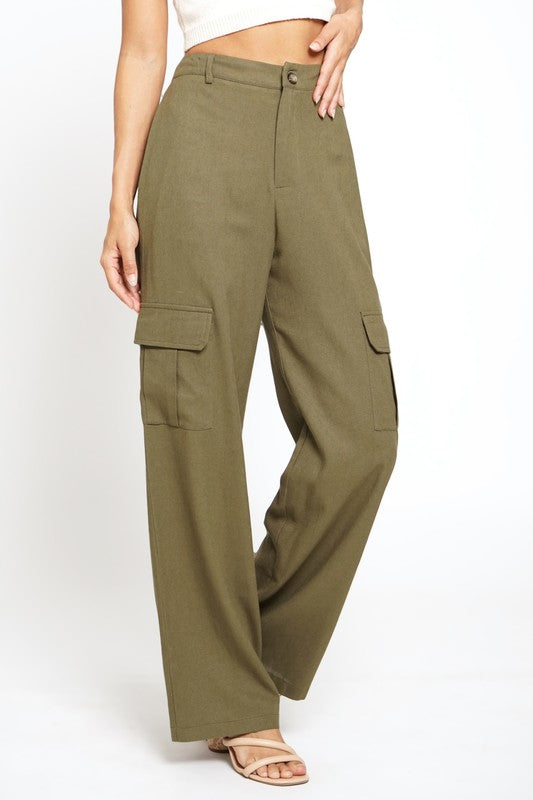 High Wasted Wide Leg Fit Linen and Cotton Blend Cardo Pants Color Olive with One Pocket on Each Leg