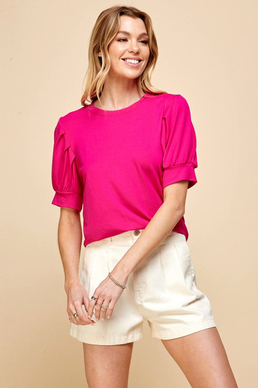 Feeling Sweet Tee with Crew Neckline and Puffed, Pleated Short Sleeves and Relaxed Bodice Color Pink.