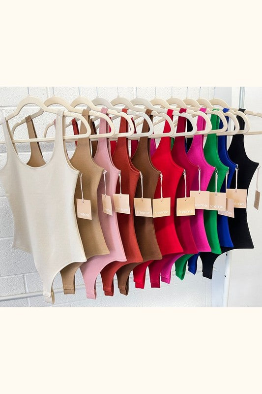  Tank Strap Bodysuit with Scoop Neckline and Low Back Attached Thong Bottoms with Snap Closures