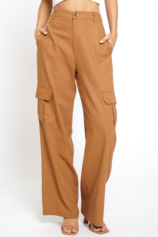 High Wasted Wide Leg Fit Linen and Cotton Blend Cardo Pants Color Chestnut with One Pocket on Each Leg