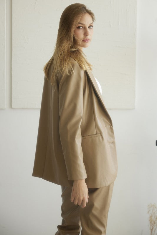 Prepared For This Camel Vegan Leather Blazer