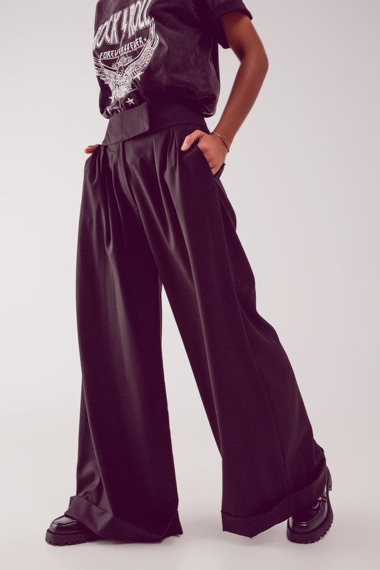 Black Cuffed Wide Leg Trousers
