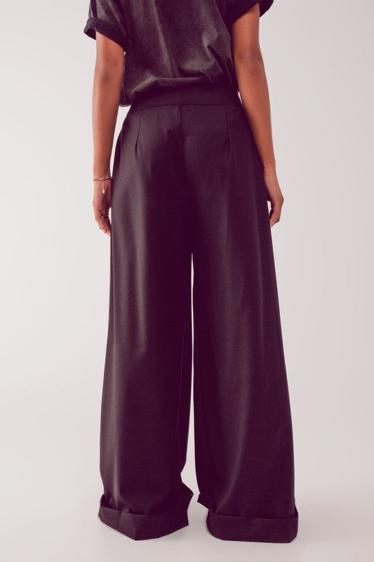 Black Cuffed Wide Leg Trousers