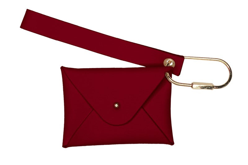 Wristlet Wallet with Leather Shell and Metal Ring. Leather Wrist Strap Thick One Size 3 3/4" X 2 3/4" in Deep Red