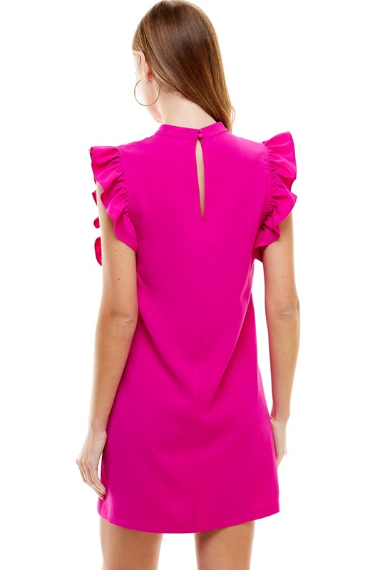 Shift Dress with Rounded Neckline Sleeveless with Ruffle Detail on Arms Above Knee Length Color Magenta