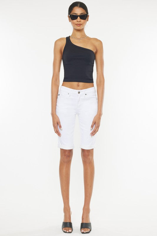 White Denim Bermuda Shorts Cotton Blend Above Knee Length Color White