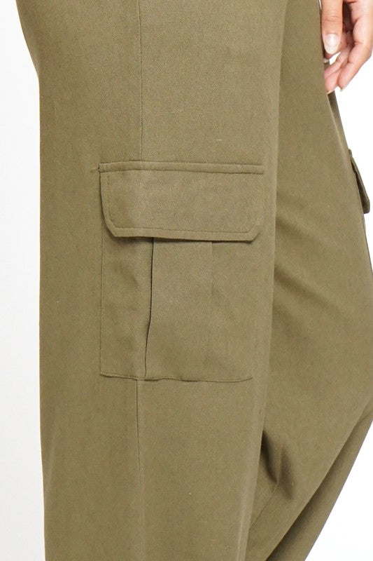 High Wasted Wide Leg Fit Linen and Cotton Blend Cardo Pants Color Olive with One Pocket on Each Leg