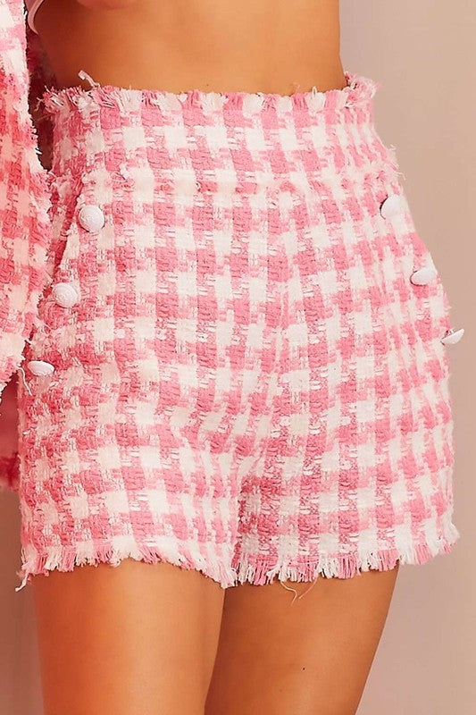 Pink Plaid Pattern Woven Tweed Fabric Shorts with Side Pockets Framed with Large White Buttons