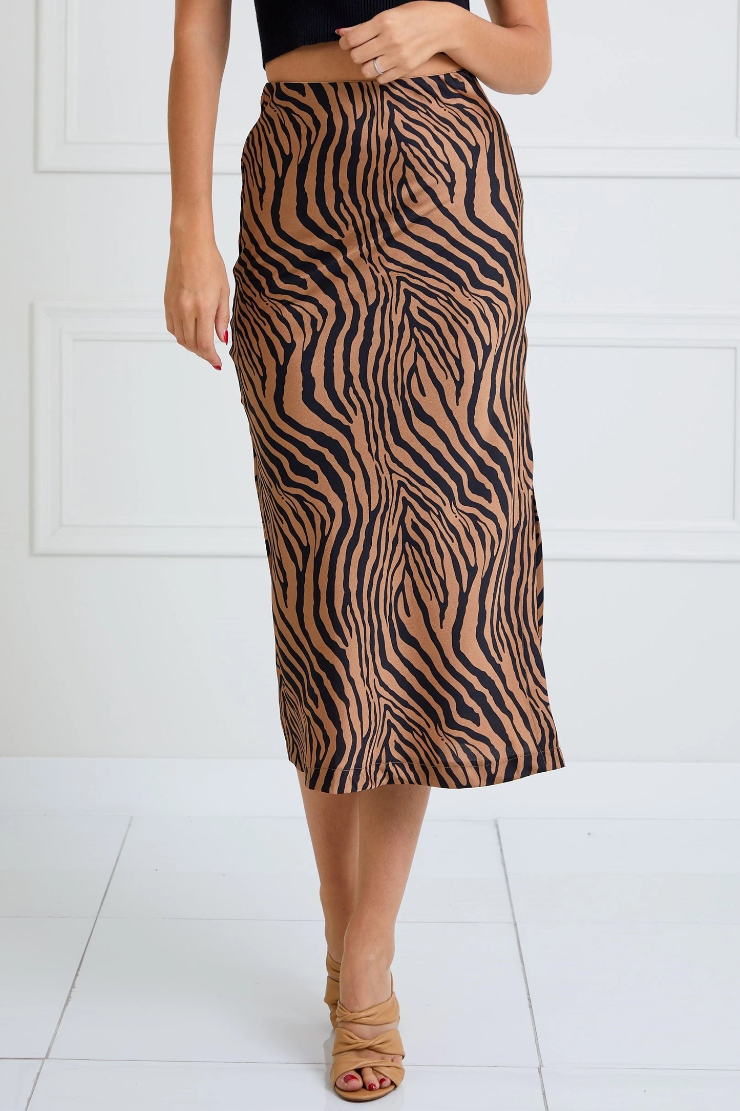 Statement Maker Zebra Satin High Waist Midi Skirt