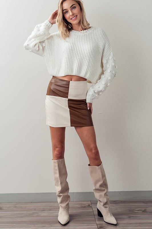 Vegan Leaver Mini Skirt Brown and White Block Pattern