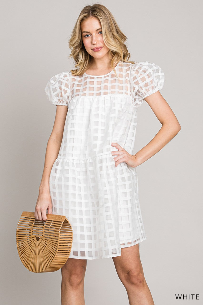 White Puff Sleeve Checkered Pattern Dress