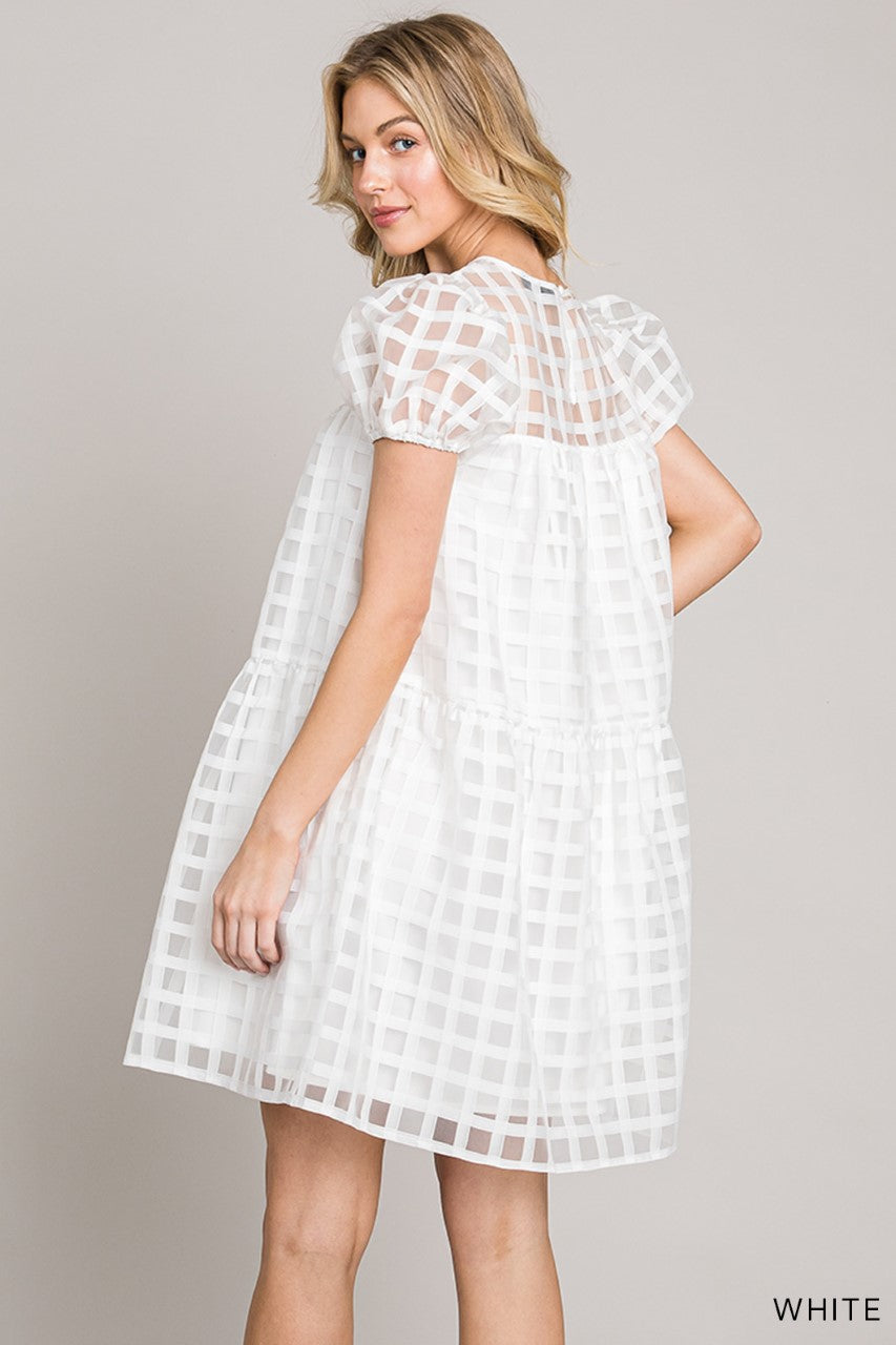 White Puff Sleeve Checkered Pattern Dress